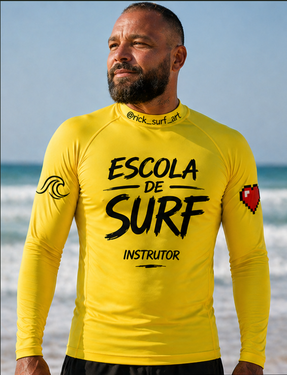 Retrato de Rick, instrutor de surf, vestindo lycra amarela na praia da Barra da Tijuca