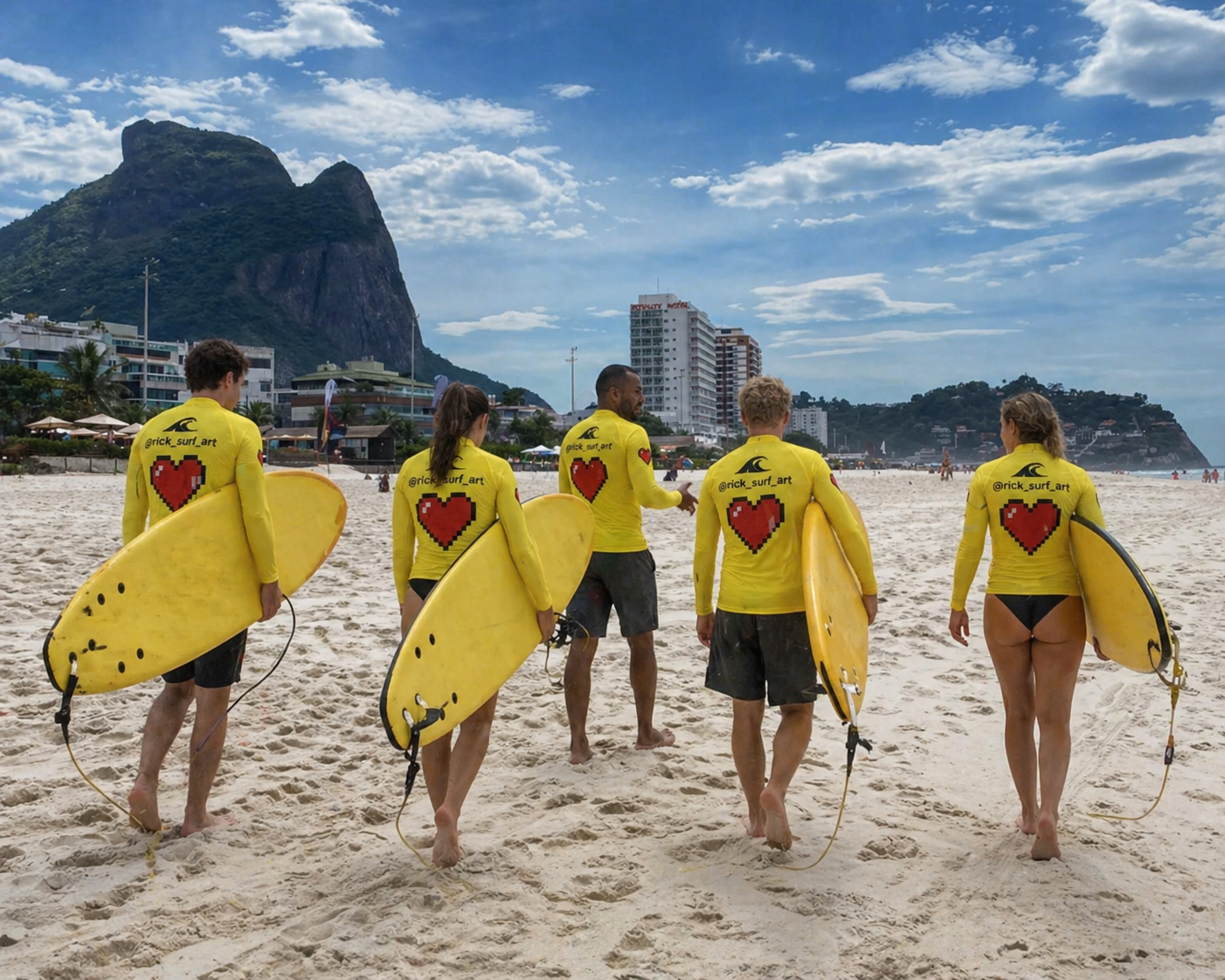 Vista aérea de uma aula de surf na Barra da Tijuca